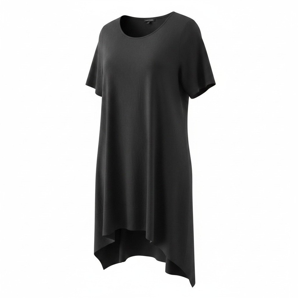 Eileen Fisher Black Viscose Jersey Short Sleeve High Low Midi Dress Large L